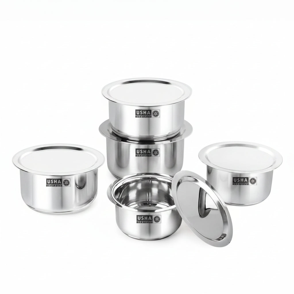 USHA SHRIRAM Stainless Steel Tope Set with Lid 5pcs (800ml+1L+1.4L+1.9L+2.4L) Gas Induction Flat Bottom
