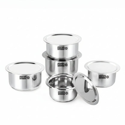 USHA SHRIRAM Stainless Steel Tope Set with Lid 5pcs (800ml+1L+1.4L+1.9L+2.4L) Gas Induction Flat Bottom