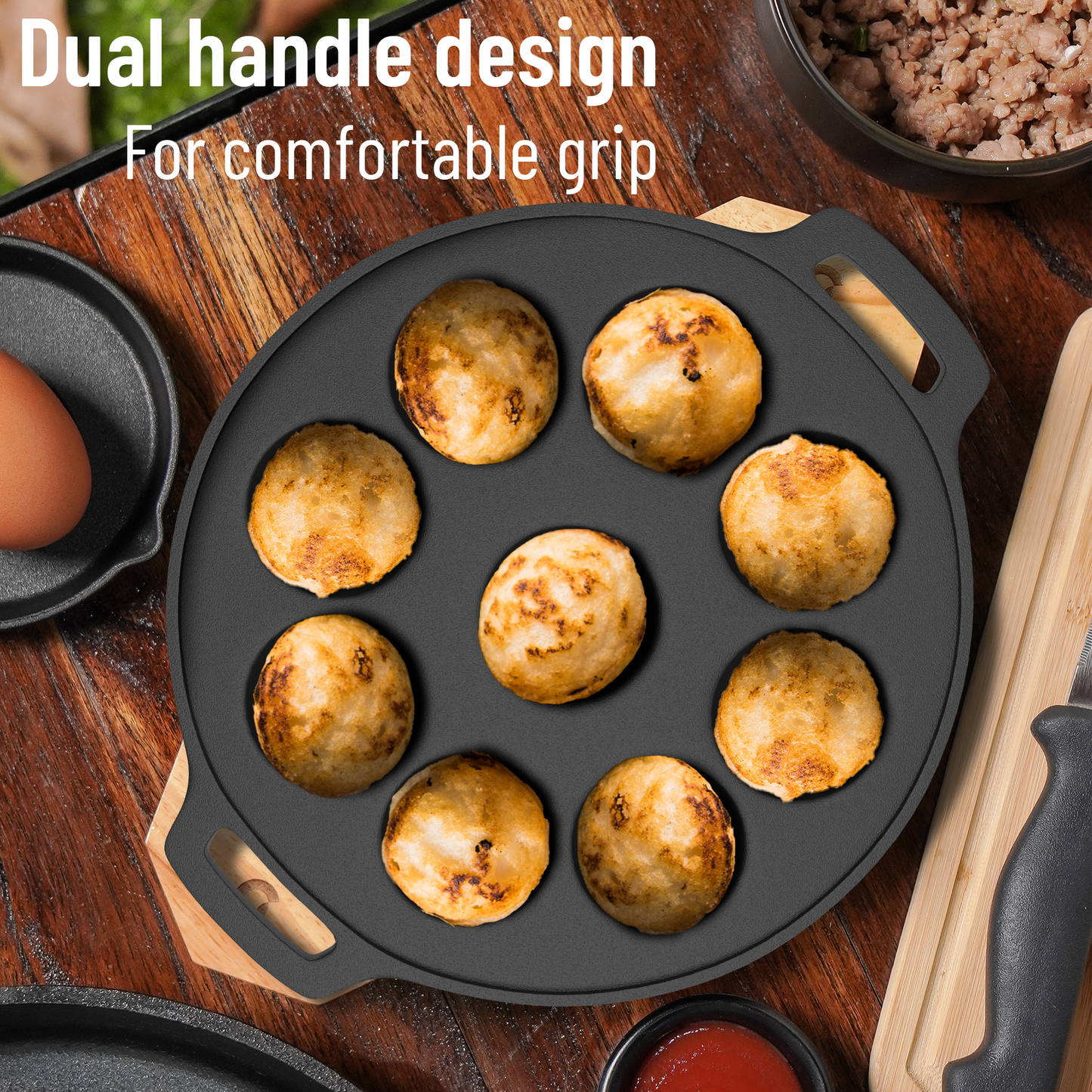 Esspy 9 Pit Pre-Seasoned Cast Iron Paniyaram Pan With Silicon Handle & Glass Lid| Non-stick | Induction Friendly | Appe/Paddu Pan | 100% Pure & Toxin-Free | Gunta Ponganalu/Paddu | Cast Iron Cookware