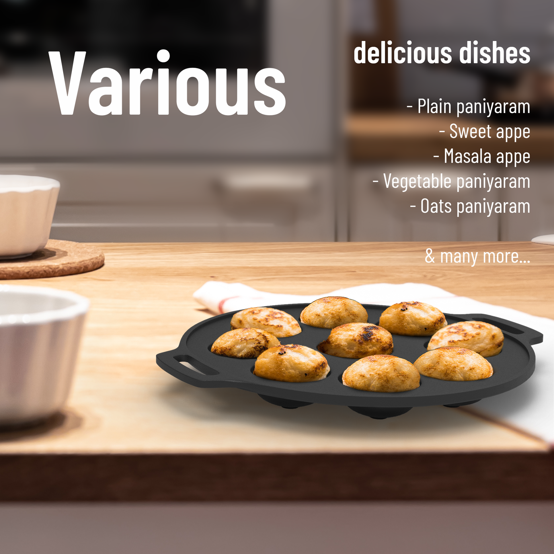 Esspy 9 Pit Pre-Seasoned Cast Iron Paniyaram Pan With Silicon Handle | Non-stick | Induction Friendly | Appe/Paddu Pan | 100% Pure & Toxin-Free | Gunta Ponganalu/Paddu | Cast Iron Cookware