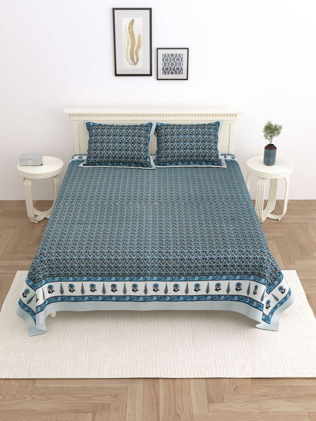 100% Pure Cotton Traditional Printed Bedsheet for Double Bed King Size Bedsheet with 2 Pillow Covers