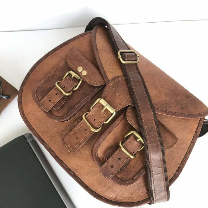 CraftShades -9*11 Inch cross body double pocket sling goat leather bag for boys & girls