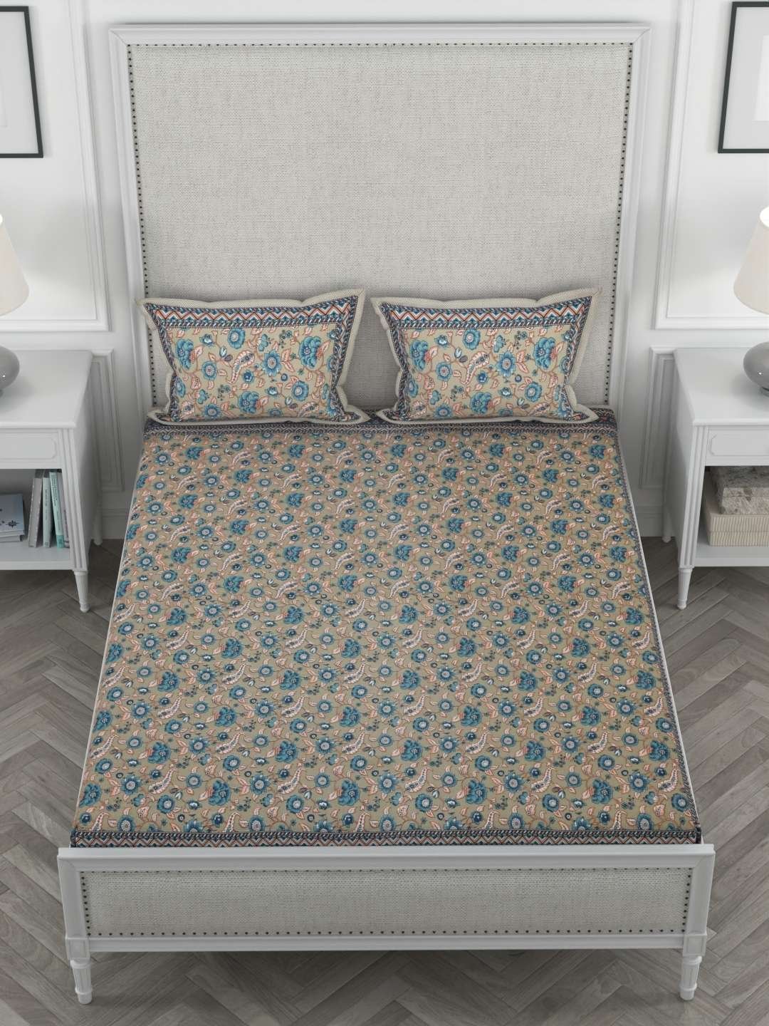 100% Pure Cotton Traditional Printed Bedsheet for Double Bed King Size Bedsheet with 2 Pillow Covers