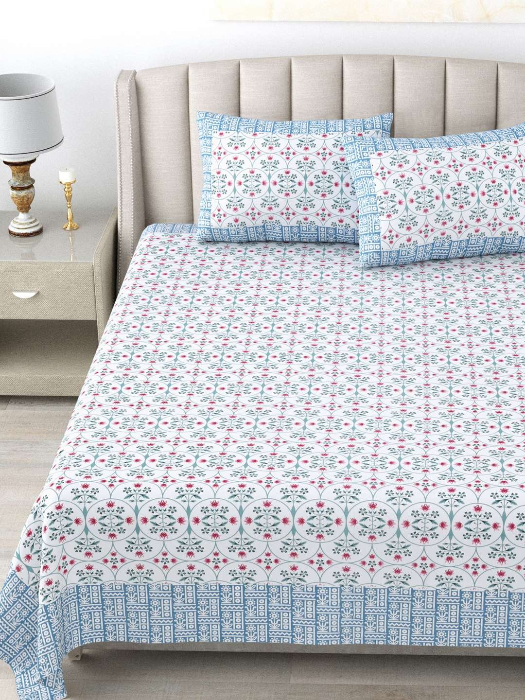 100% Pure Cotton Traditional Printed Bedsheet for Double Bed King Size Bedsheet with 2 Pillow Covers