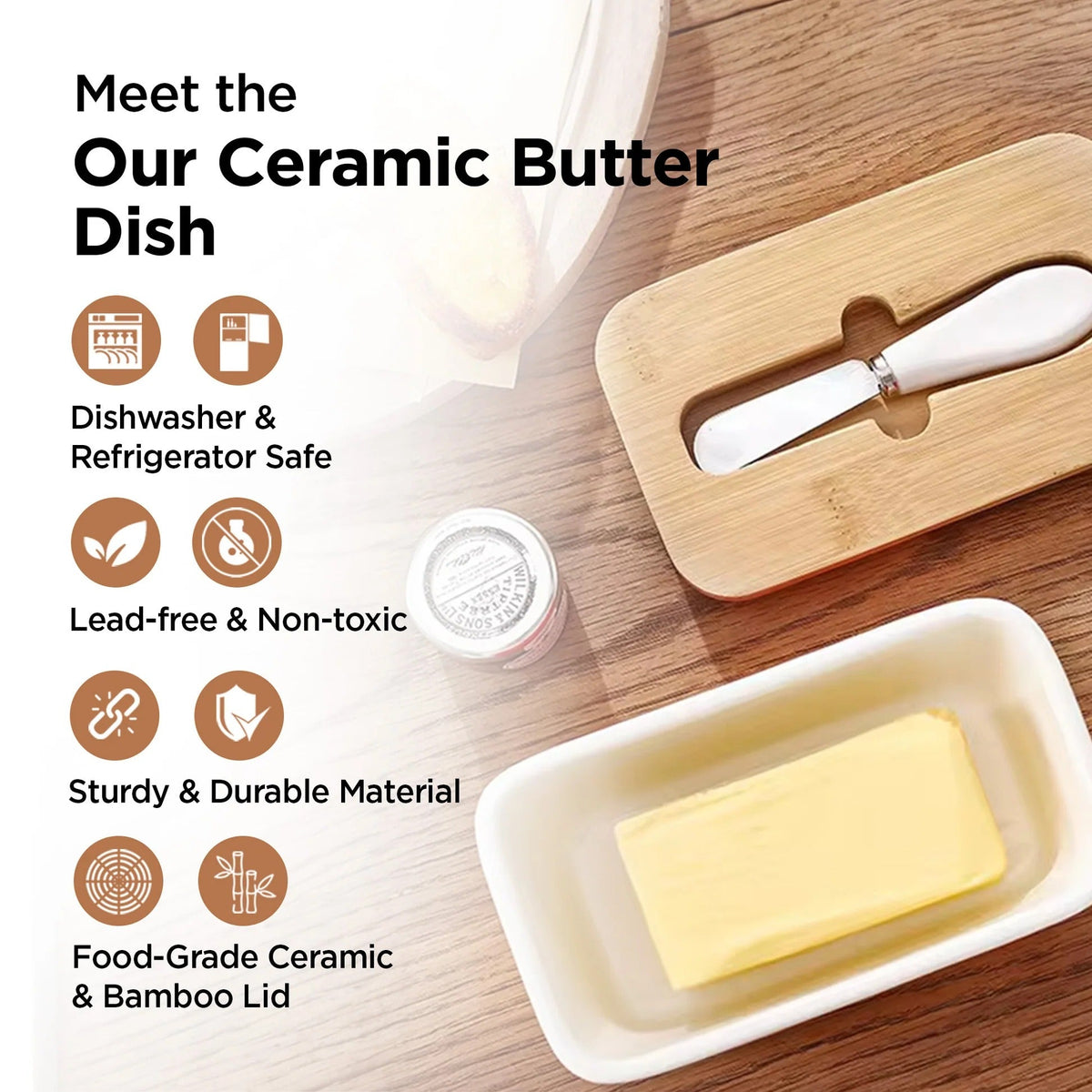 UMAI Ceramic Butter Dish with Wooden Lid & SS Knife | Fridge Storage | Airtight | Black