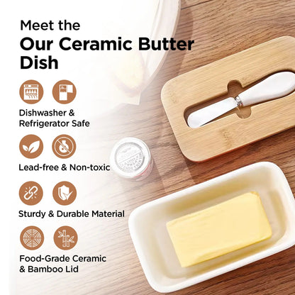 UMAI Ceramic Butter Dish with Wooden Lid & SS Knife | Fridge Storage | Airtight | Black