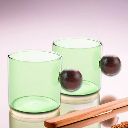 UMAI Pack of 2: Borosilicate Glass Coffee Mugs with Wooden Handle | 120ml | Green