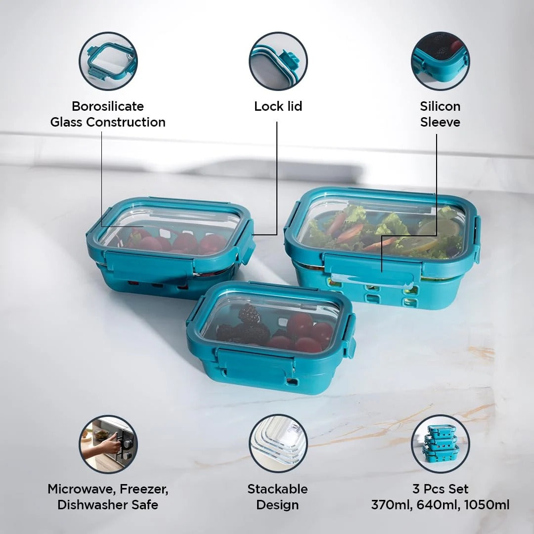 UMAI Glass Food Containers Set of 3 | Blue Silicone Sleeves | Lock Lids | 370ml 640ml 1050ml | Microwave Safe
