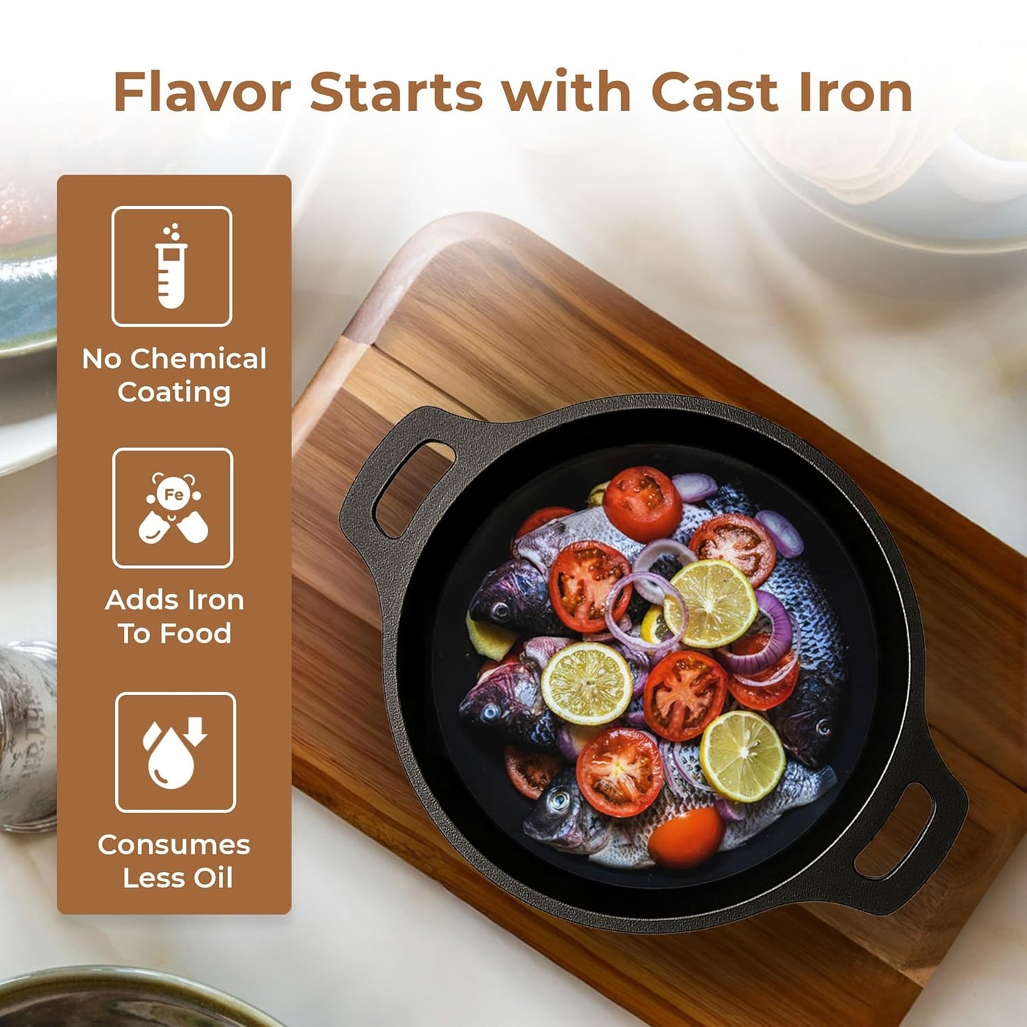 Esspy Pre-Seasoned Cast Iron Fish Fry Pan with Double Handle| Induction Friendly | Nonstick Fish Fry Pan, 100% Pure & Toxin Free, No Chemical Coating, Black