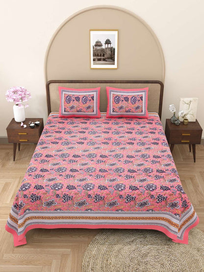 100% Pure Cotton Traditional Printed Bedsheet for Double Bed King Size Bedsheet with 2 Pillow Covers