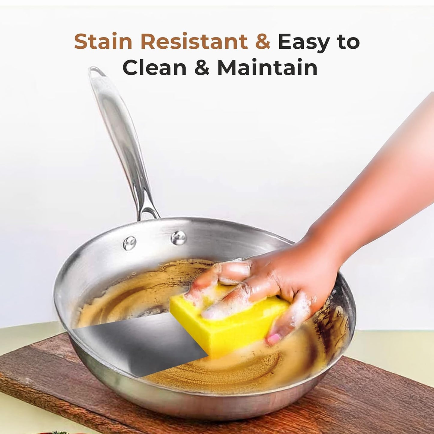 Esspy Tri-ply Stainless Steel Frying Pan With S.s Lid | Omelets Pan Non Stick | Gas & Induction Compatible | Riveted Handle | Food Safe & PFOA Free | Scratch Resistant
