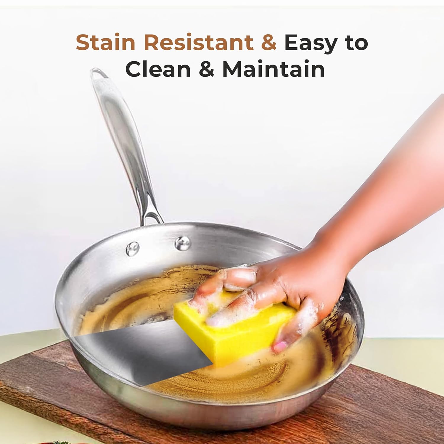 Esspy Tri-ply Stainless Steel Frying Pan With S.s Lid | Omelets Pan Non Stick | Gas & Induction Compatible | Riveted Handle | Food Safe & PFOA Free | Scratch Resistant