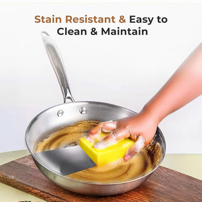 Esspy Tri-ply Stainless Steel Frying Pan With S.s Lid | Omelets Pan Non Stick | Gas & Induction Compatible | Riveted Handle | Food Safe & PFOA Free | Scratch Resistant