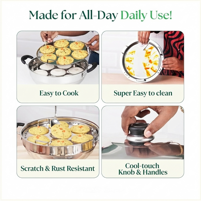 Esspy Stainless Steel Idli Maker/Momo Maker/Multi Kadai/Steamer Set|Large, 5 Plates, 2 Idli|2 Dhokla|1 Steamer|29Cm/11.3 Inch, 4.2Ltr, 2.5Kg|3-Layer Thick Bottom|Induction Friendly