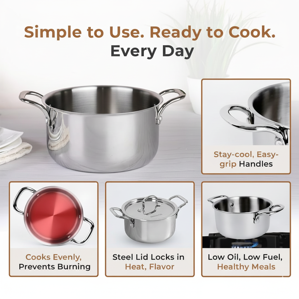 Esspy Triply Stainless Steel Casserole/Biryani Pot/Stock Pot, Non Stick, Triply Biryani Pot, Metal Spatula Friendly, Induction & Gas Stove Compatible