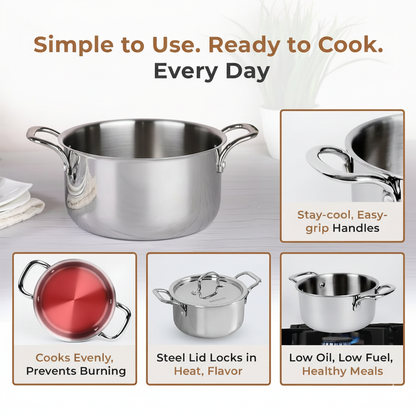 Esspy Triply Stainless Steel Casserole/Biryani Pot/Stock Pot, Non Stick, Triply Biryani Pot, Metal Spatula Friendly, Induction & Gas Stove Compatible