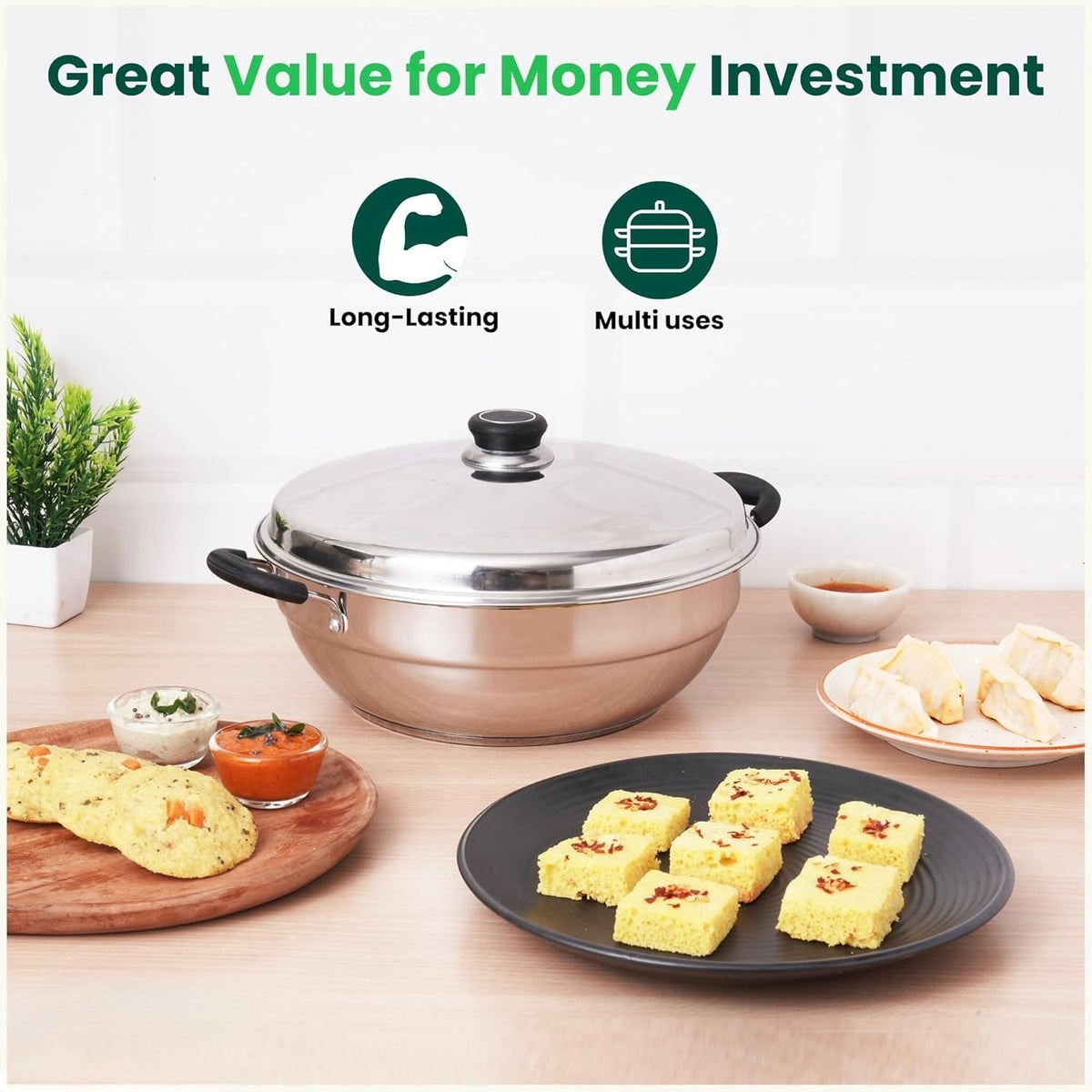Esspy Stainless Steel Idli Maker/Momo Maker/Multi Kadai/Steamer Set|Large, 5 Plates, 2 Idli|2 Dhokla|1 Steamer|29Cm/11.3 Inch, 4.2Ltr, 2.5Kg|3-Layer Thick Bottom|Induction Friendly
