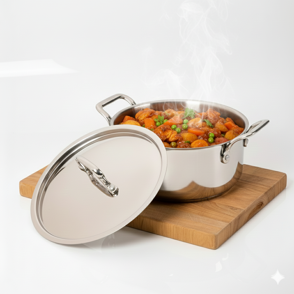 Esspy Triply Stainless Steel Casserole/Biryani Pot/Stock Pot with S.s Lid, Non Stick, Triply Biryani Pot, Metal Spatula Friendly, Induction & Gas Stove Compatible