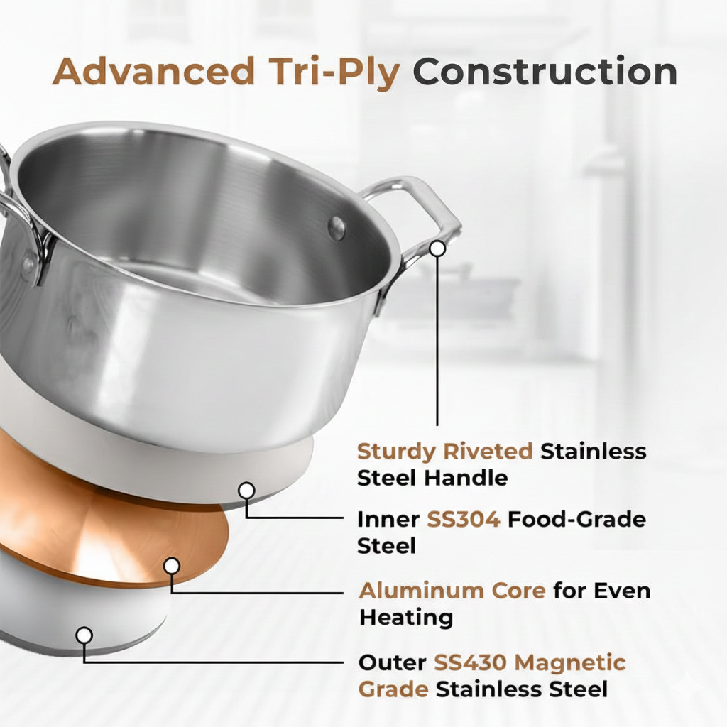 Esspy Triply Stainless Steel Casserole/Biryani Pot/Stock Pot, Non Stick, Triply Biryani Pot, Metal Spatula Friendly, Induction & Gas Stove Compatible