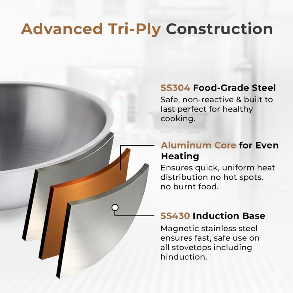 Esspy Tri-ply Stainless Steel Tasra/Taslas With S.s Lid | Even Heat Distribution | Less Oil Cooking | Premium Quality | 3 Layer Thick Body | 100% Toxin-free | Non-stick | Induction & Gas Compatible