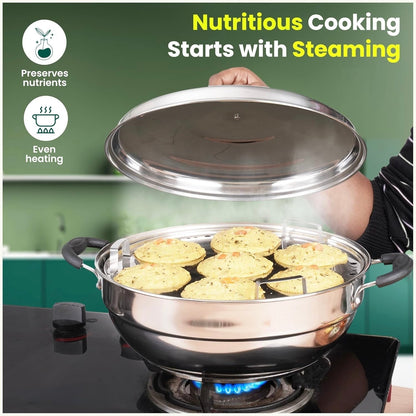 Esspy Stainless Steel Idli Maker/Momo Maker/Multi Kadai/Steamer Set|Large, 5 Plates, 2 Idli|2 Dhokla|1 Steamer|29Cm/11.3 Inch, 4.2Ltr, 2.5Kg|3-Layer Thick Bottom|Induction Friendly
