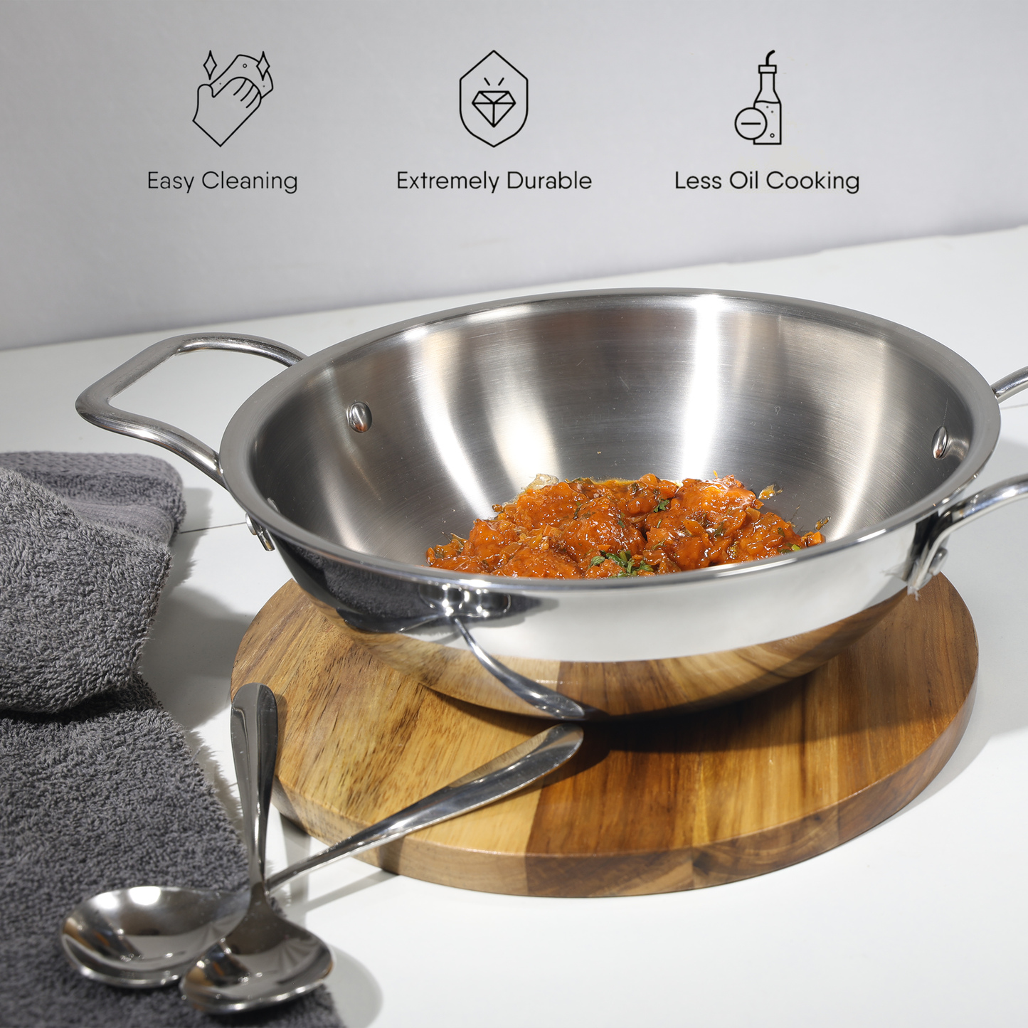 Esspy Triply Stainless Steel Kadai for Cooking with Lid, Non Stick Kadai, Triply Kadhai, Metal Spatula Friendly, Induction & Gas Stove Compatible