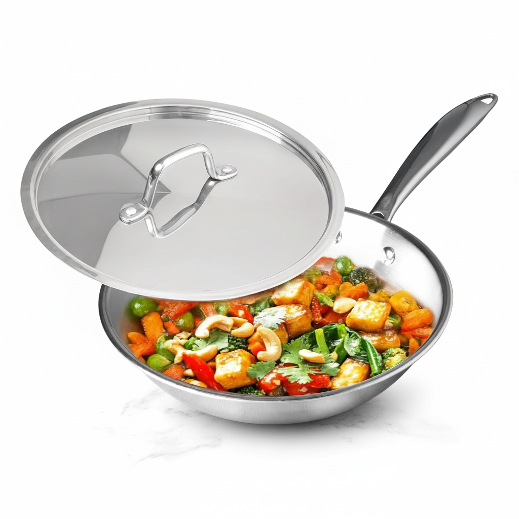 Esspy Tri-ply Stainless Steel Frying Pan With S.s Lid | Omelets Pan Non Stick | Gas & Induction Compatible | Riveted Handle | Food Safe & PFOA Free | Scratch Resistant