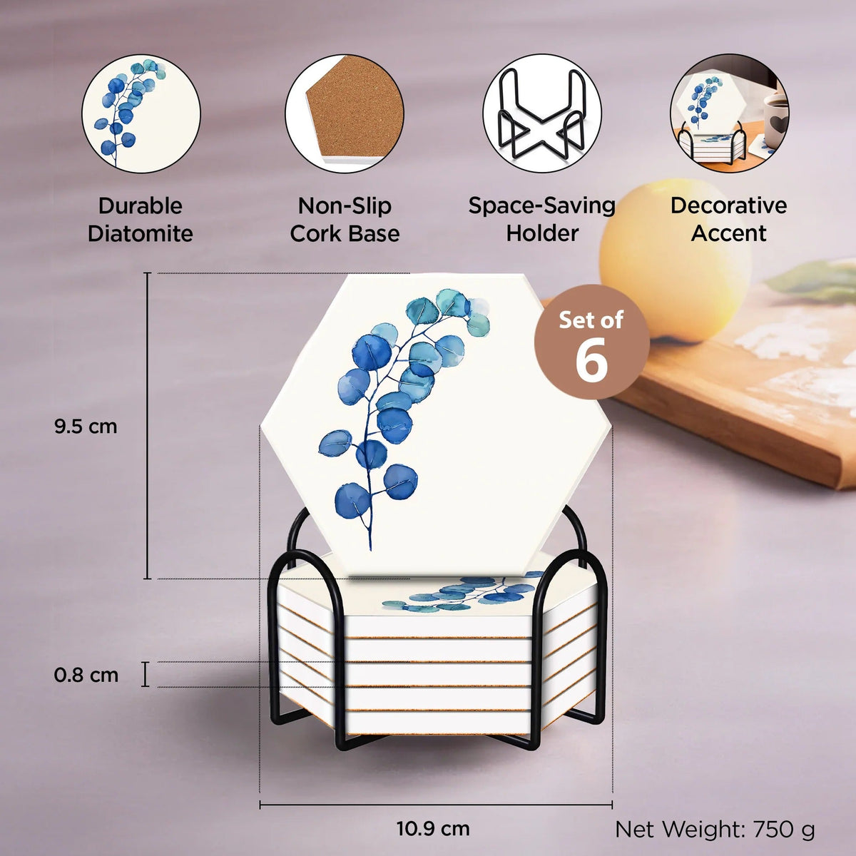 UMAI Diatomite Coaster Set of 6 10cm Unique Shape Absorbent Heat Resistant Dining Table
