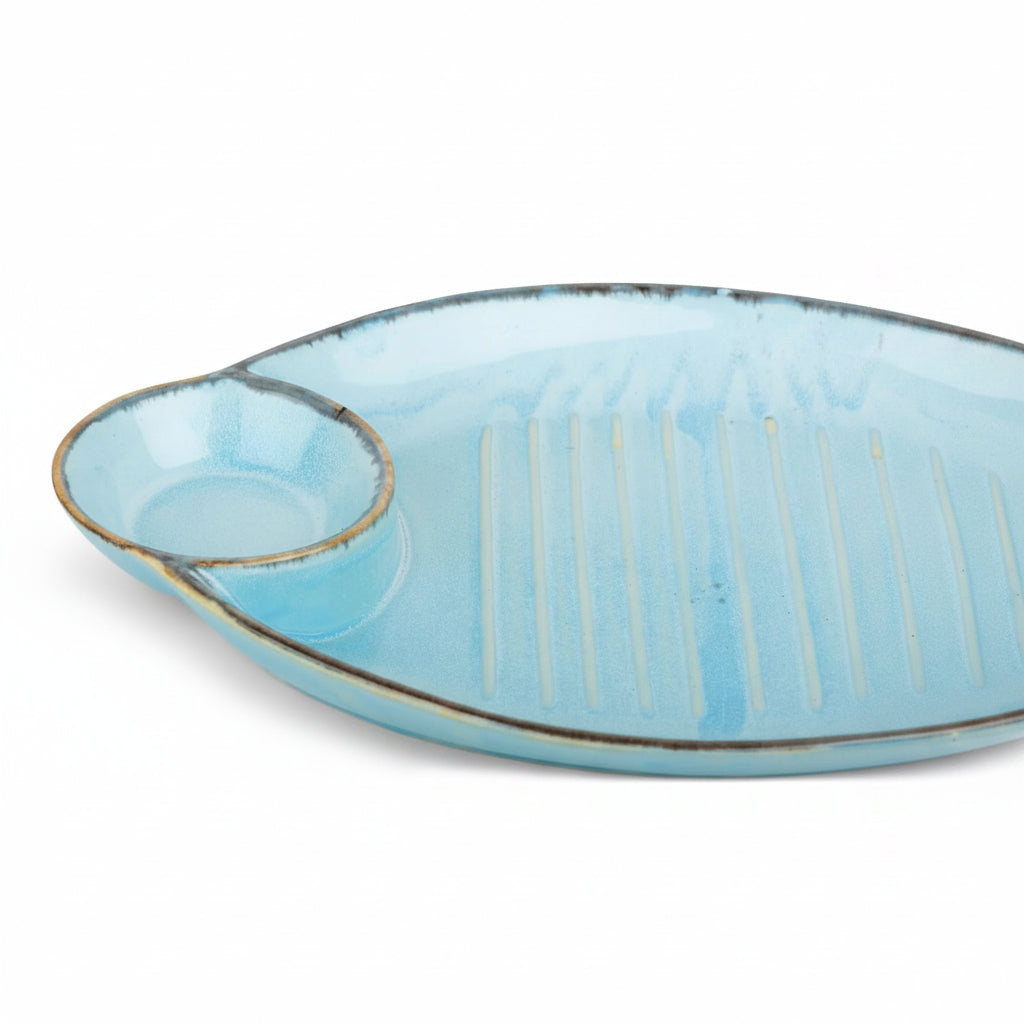 USHA SHRIRAM Ceramic Snack Tray with Dip Bowl 13 inch Peach Chutney Salsa Dip Tray Microwave Safe