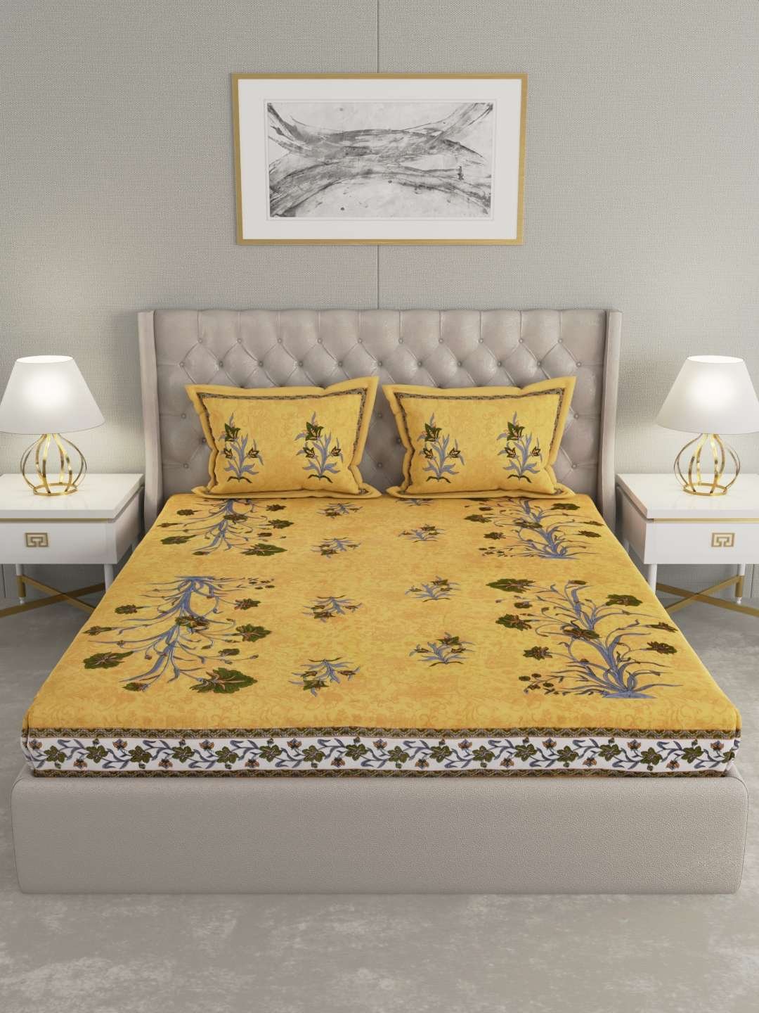 100% Pure Cotton Traditional Printed Bedsheet for Double Bed King Size Bedsheet with 2 Pillow Covers