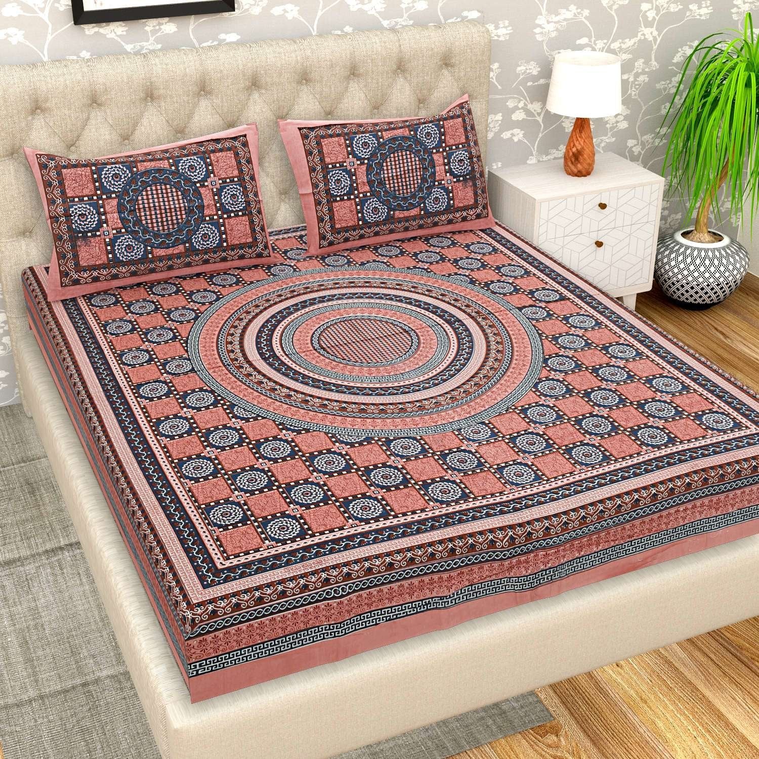 100% Pure Cotton Traditional Printed Bedsheet for Double Bed King Size Bedsheet with 2 Pillow Covers