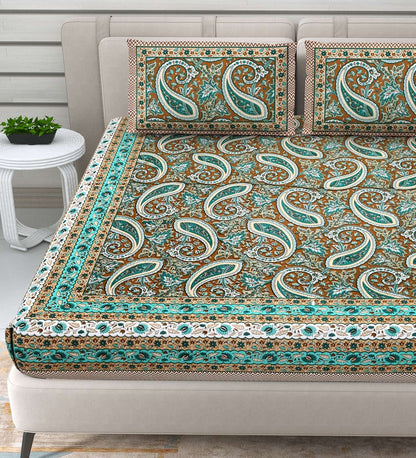 100% Pure Cotton Traditional Printed Bedsheet for Double Bed King Size Bedsheet with 2 Pillow Covers