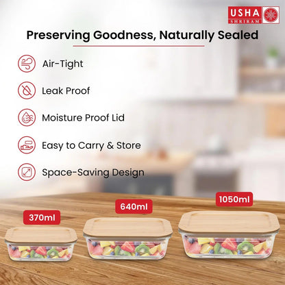 USHA SHRIRAM Borosilicate Food Container + Insulated Steel Bottle | Bamboo Lid | Microwave Safe