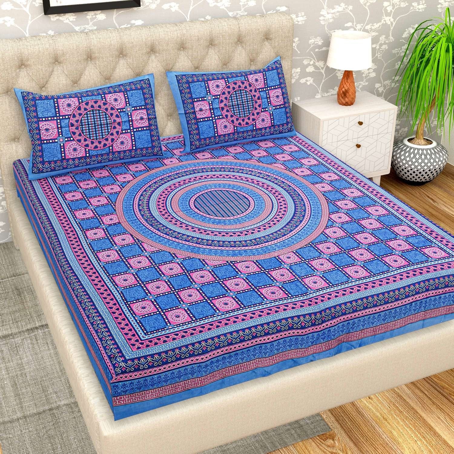 100% Pure Cotton Traditional Printed Bedsheet for Double Bed King Size Bedsheet with 2 Pillow Covers