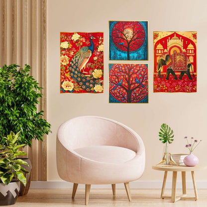 Set of Four Wall Paintings for Wall Dacoration Golden Framed Wall Paintings for Living Room & Bedroom Wall Art for Home Decoration & Office Wall Décor (13×10 inch CH-GD4-15)