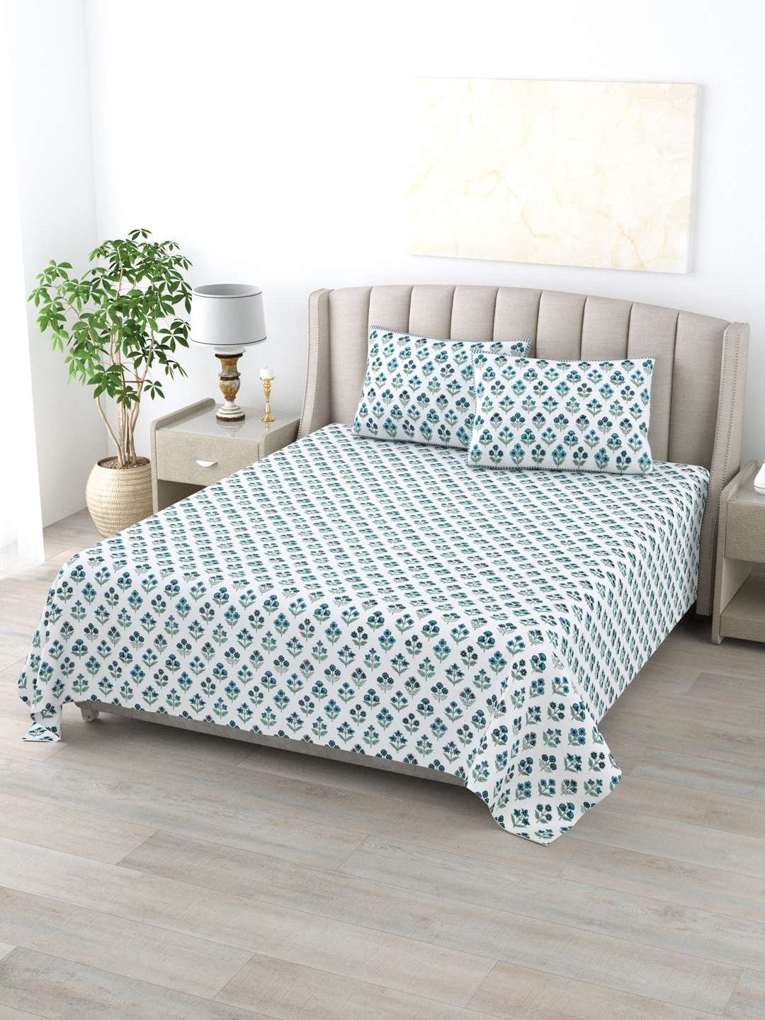 100% Pure Cotton Traditional Printed Bedsheet for Double Bed King Size Bedsheet with 2 Pillow Covers