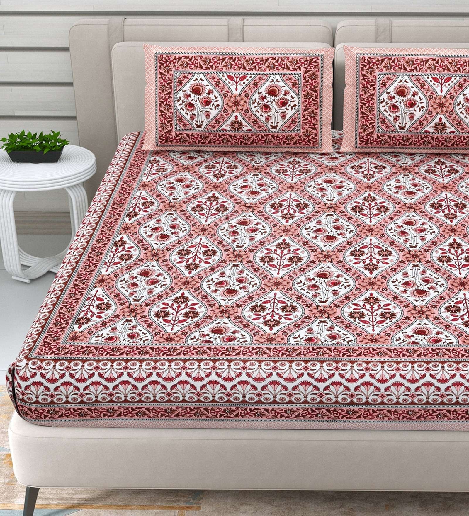 100% Pure Cotton Traditional Printed Bedsheet for Double Bed King Size Bedsheet with 2 Pillow Covers