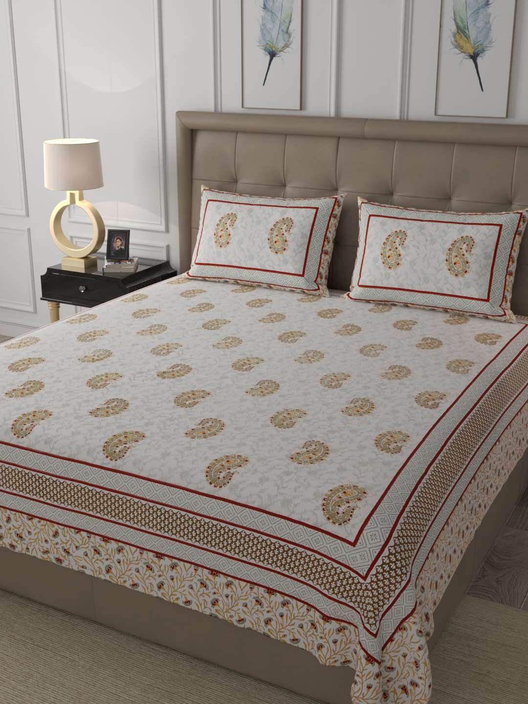 100% Pure Cotton Traditional Printed Bedsheet for Double Bed King Size Bedsheet with 2 Pillow Covers