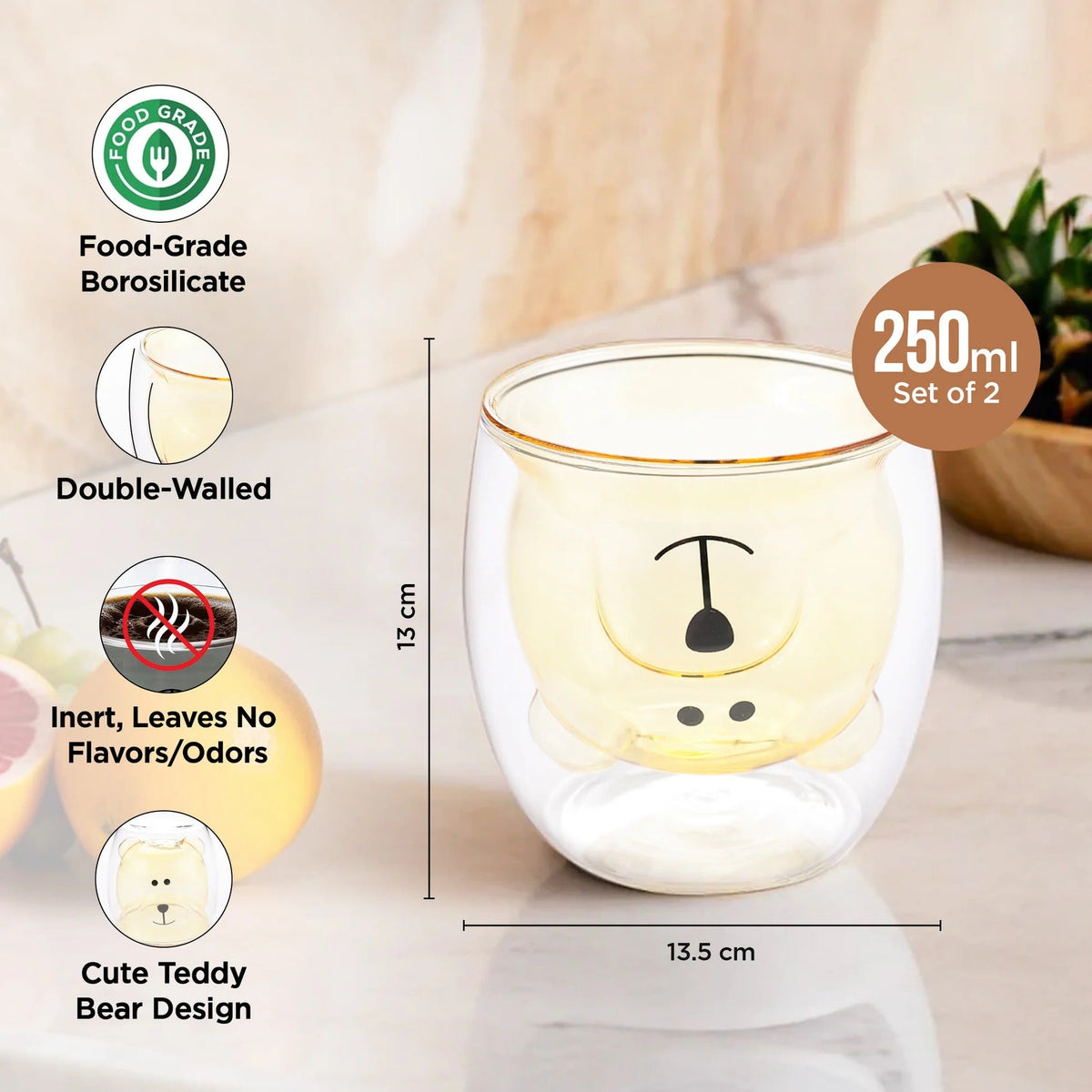UMAI Cute Teddy Bear Double Walled Borosilicate Glass Mug Set of 2 (250ml) | Yellow