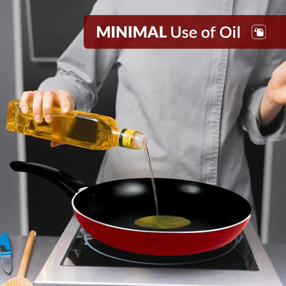 USHA SHRIRAM Non-Stick Frying Pan 26cm 3-Layer Coating Easy Grip Handle Minimal Oil Red