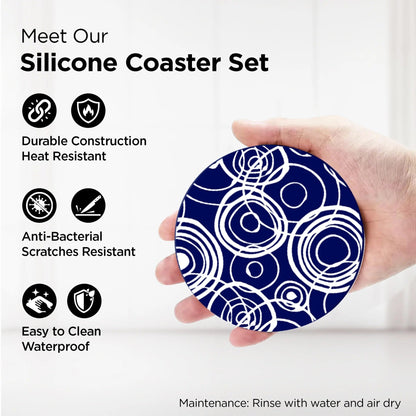 UMAI Silicone Coaster Set of 6 10cm with Plastic Holder Dining Table Navy White Unique Design