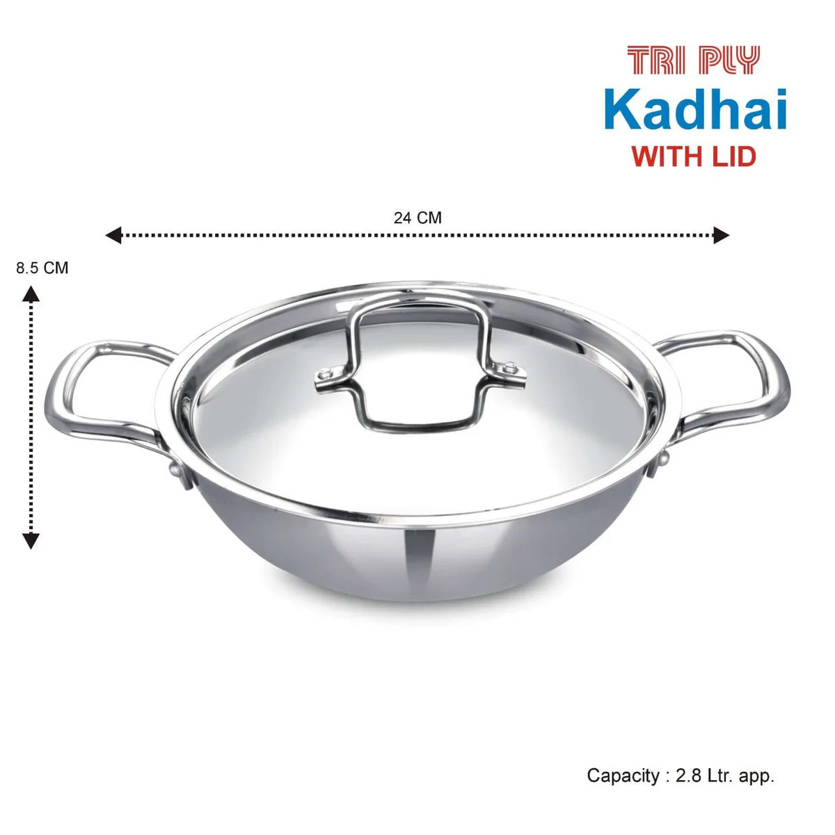 Human Hydro Tri-Ply Stainless Steel Kadai with SS Lid 24cm 2.8L Induction Gas Durable Deep Frying
