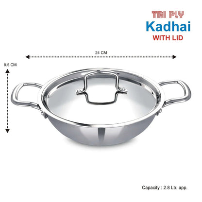 Human Hydro Tri-Ply Stainless Steel Kadai with SS Lid 24cm 2.8L Induction Gas Durable Deep Frying