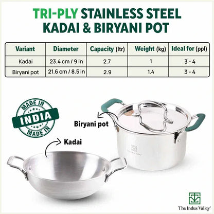 The Indus Valley Premium Tri-Ply Set - Kadai(23.4cm) + Casserole Biryani Pot(21.6cm)
