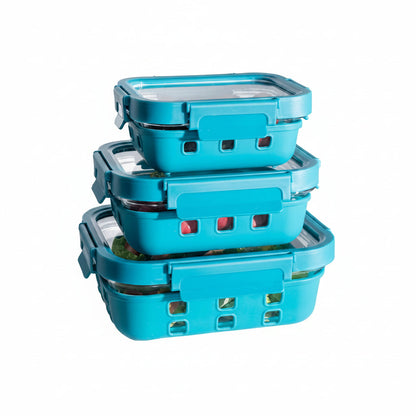 UMAI Glass Food Containers Set of 3 | Blue Silicone Sleeves | Lock Lids | 370ml 640ml 1050ml | Microwave Safe