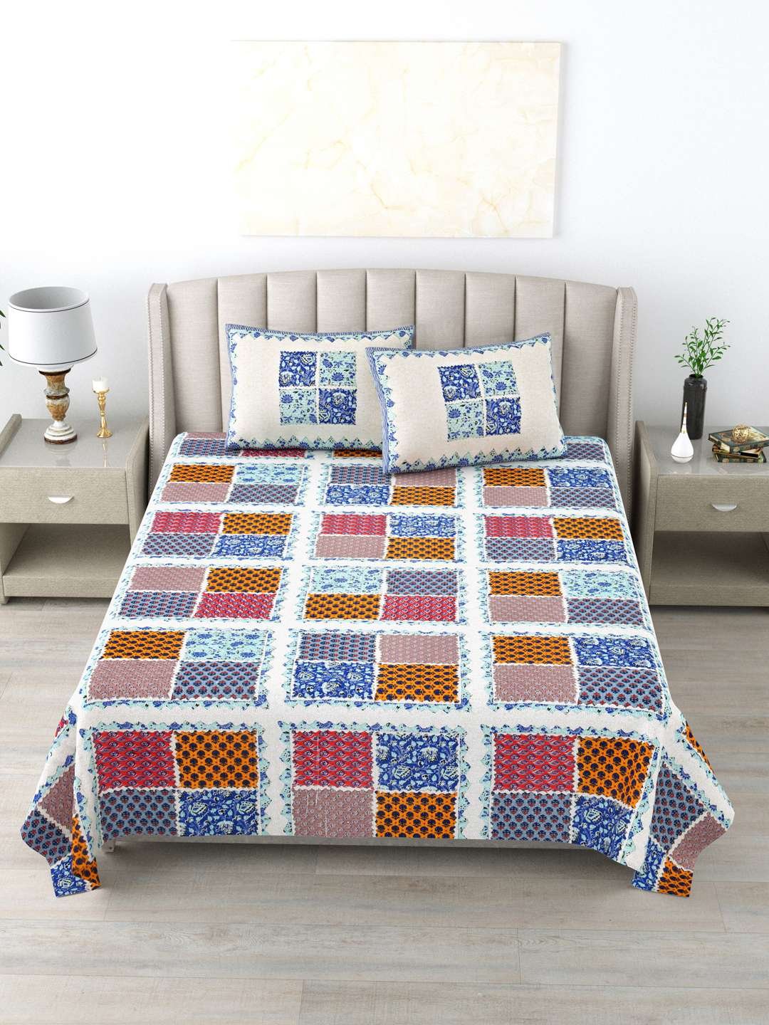 100% Pure Cotton Traditional Printed Bedsheet for Double Bed King Size Bedsheet with 2 Pillow Covers