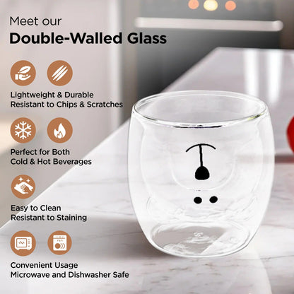UMAI Cute Teddy Bear Double Walled Borosilicate Glass Mug Set of 2 (250ml) | Pink