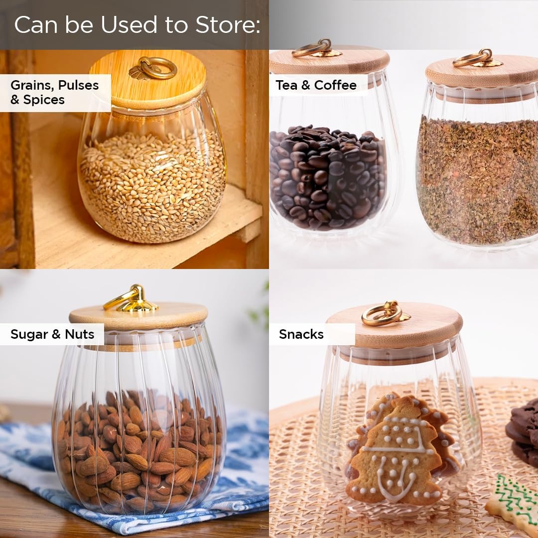 UMAI Borosilicate Glass Jar with Bamboo Lid | Set of 2 | 680ml & 830ml | Airtight