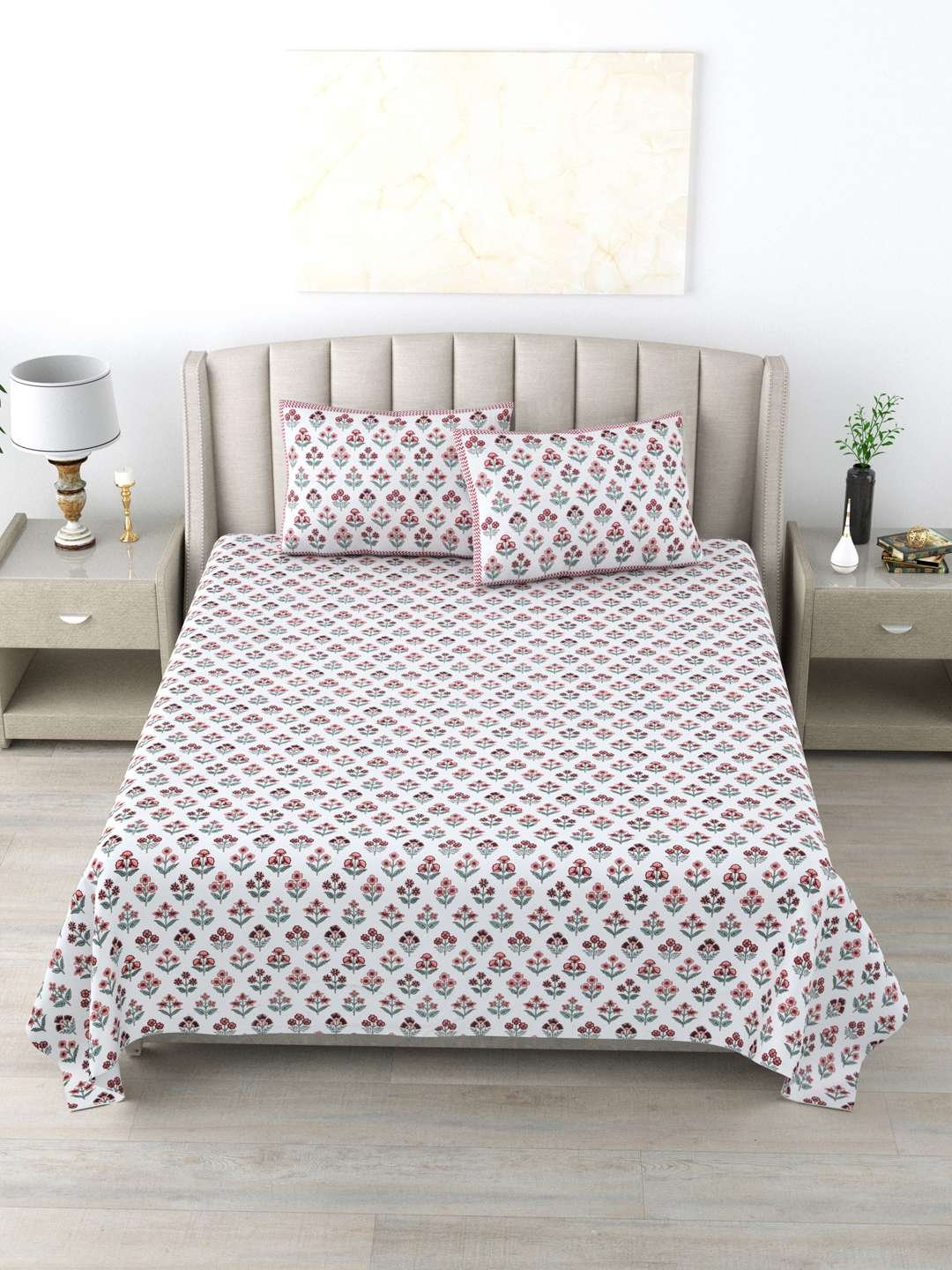 100% Pure Cotton Traditional Printed Bedsheet for Double Bed King Size Bedsheet with 2 Pillow Covers