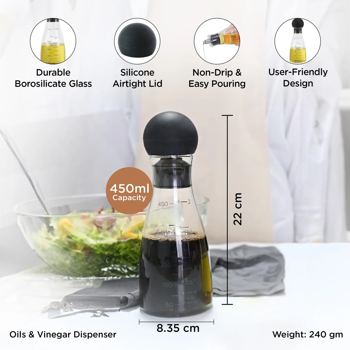 UMAI Glass Oil Dispenser with Leakproof Silicone Lid | 450ml | Glass Oil Bottle